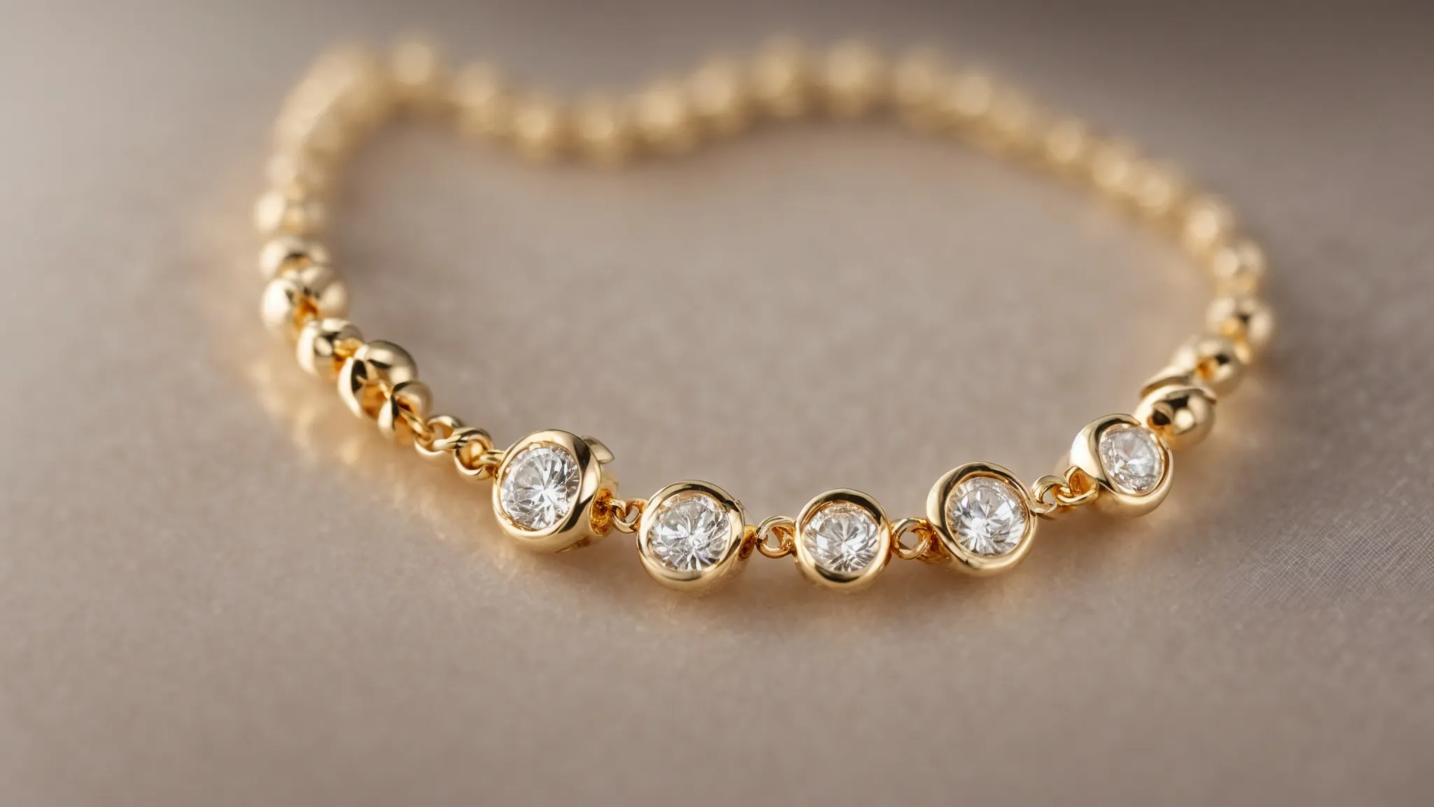 a close-up view of 14k gold necklace with diamond cascade spacer beads glistening under soft lighting.
