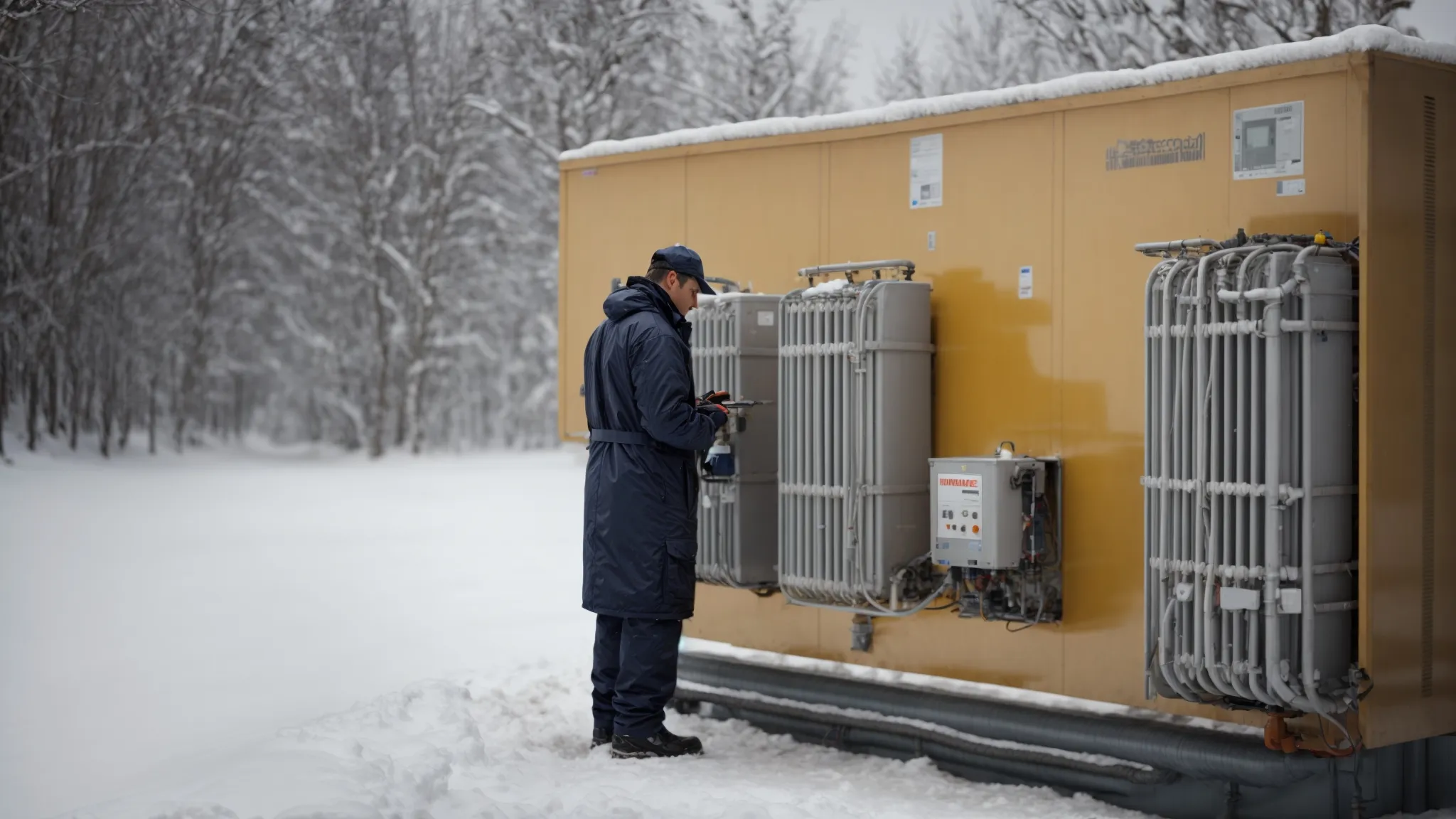 a technician examining a large commercial heating unit in a snowy outdoor setting.