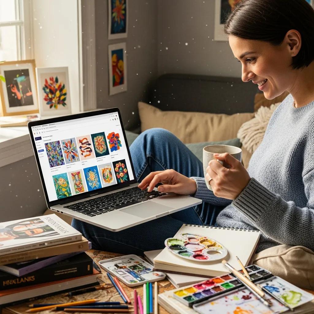 Person exploring online art collections on a laptop, surrounded by art books and materials
