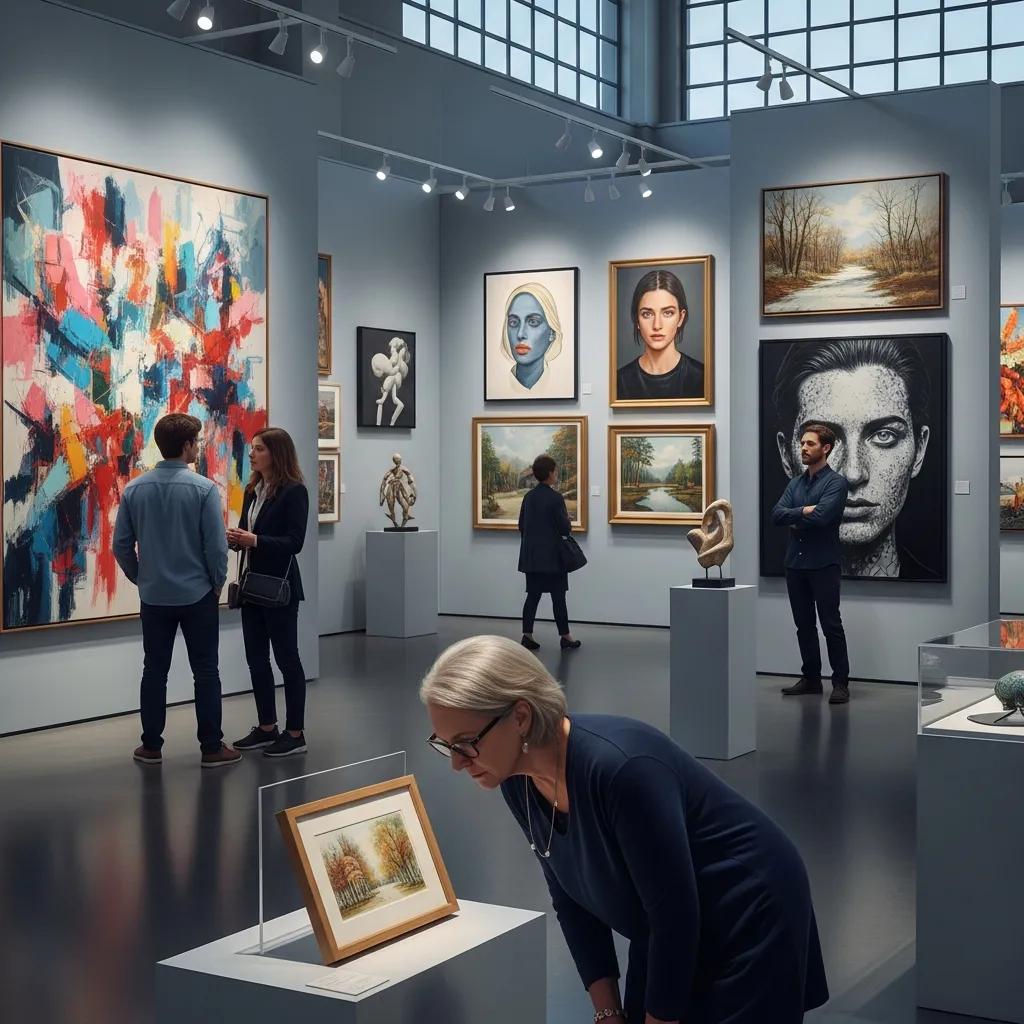 Art gallery showcasing diverse original artworks with visitors engaging and examining pieces