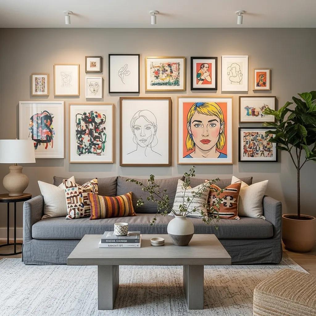 Gallery wall in a home showcasing a mix of original art pieces with effective lighting and decor