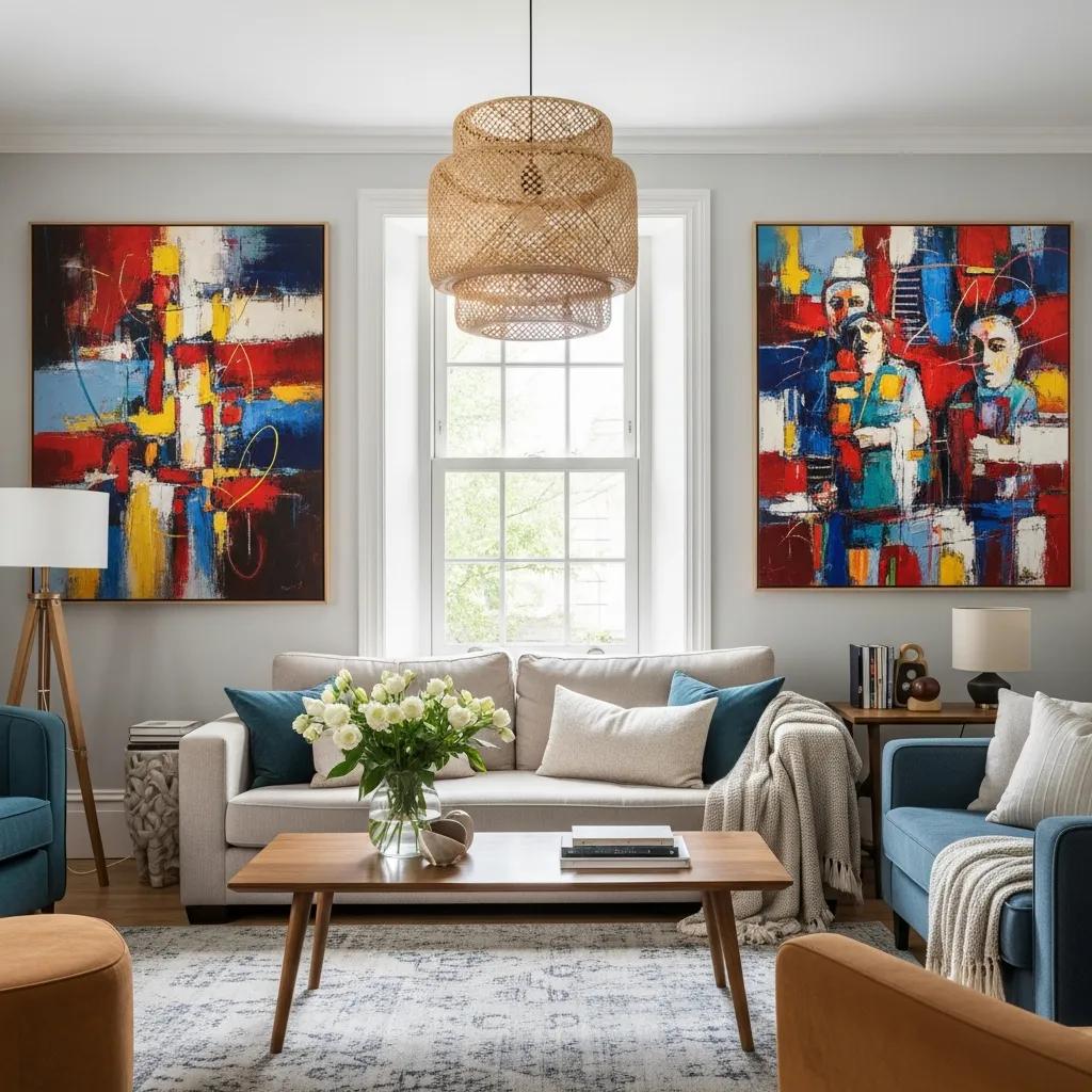 Living room with original artwork on walls, showcasing a blend of abstract and realism styles
